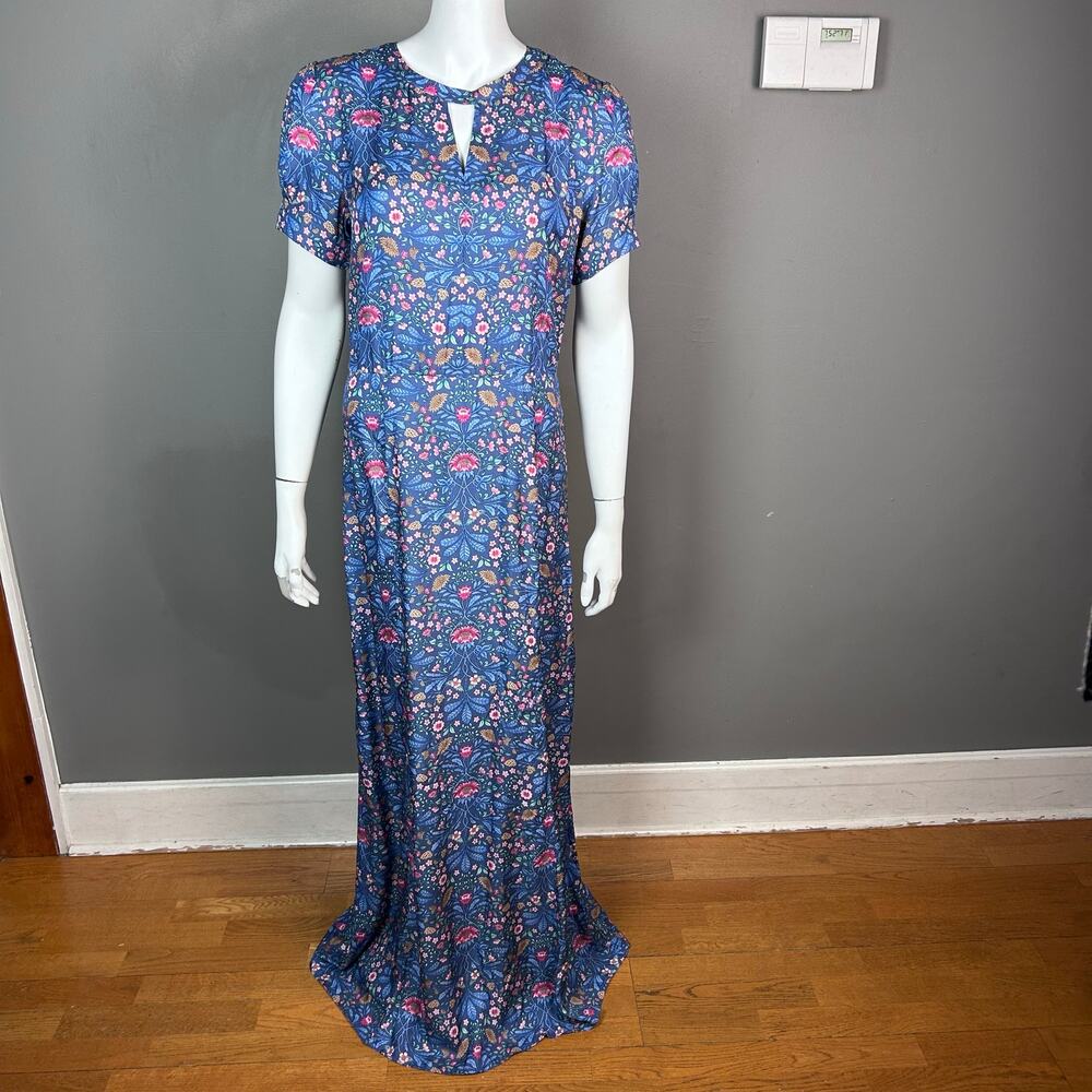 J. McLaughlin dress size 8 floral longline silk maxi blue drop waist cottage